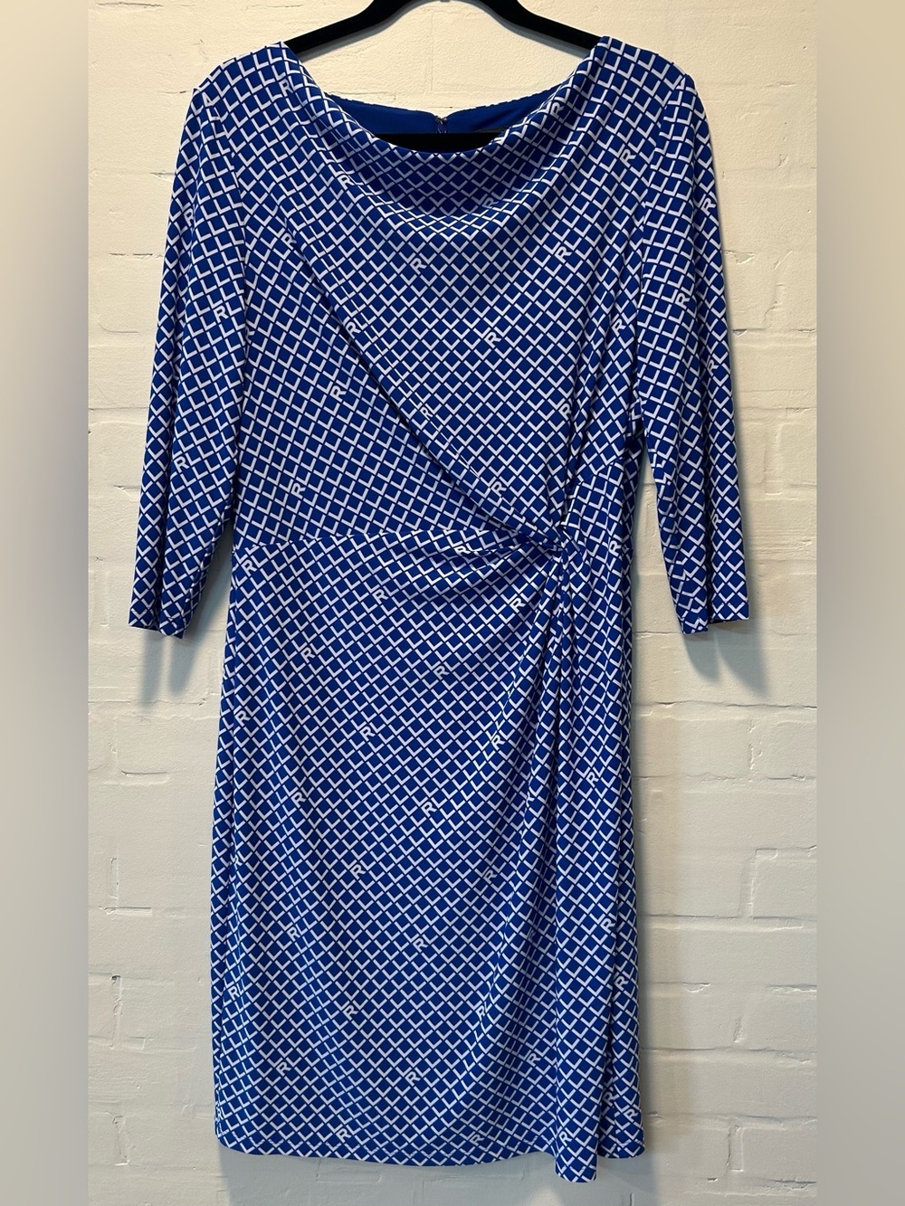 Lauren Ralph Lauren Blue Logo Print Faux Wrap Sheath Dress Sz 12 Career Classic - Picture 3 of 8